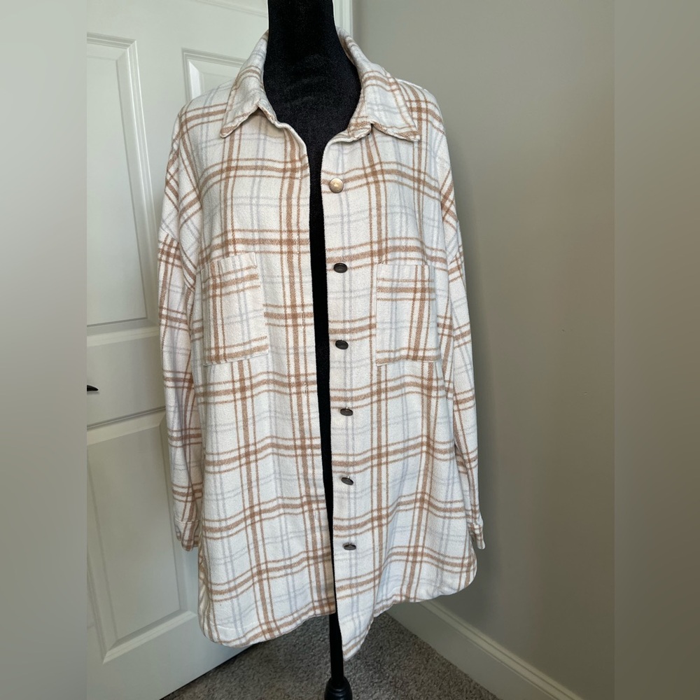 PrettyGarden XL Cream Tan Plaid 100% Cotton Shacket Shirt Jacket Fall